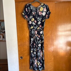 LOFT Blue Tie Front Jumpsuit with Cuffed ShortbSleeves